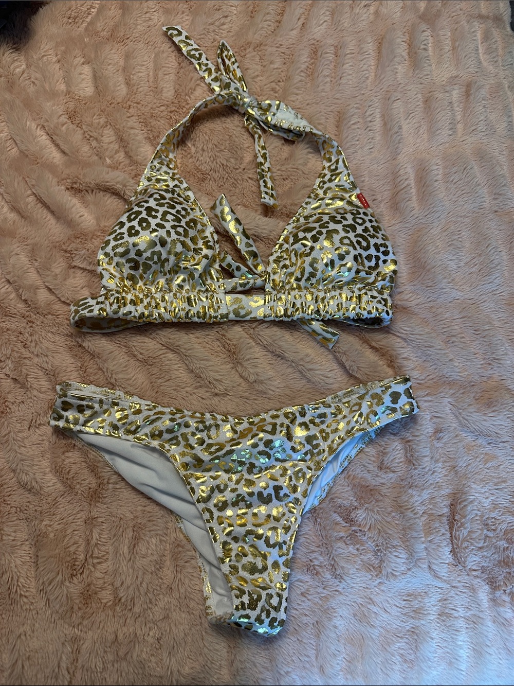 Gold Leopard Print Bikini Top and Bottom Set - Women's Swim